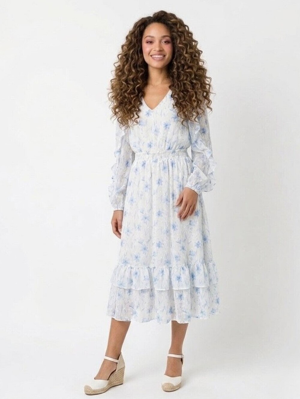 By The River White Blue Floral Long Sleeve Dress Small